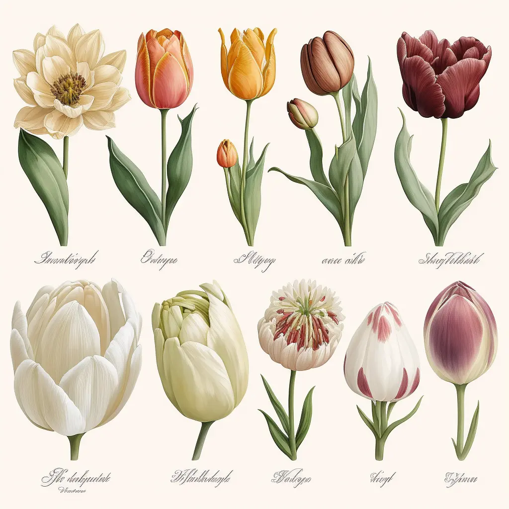 botanical illustration, white background, types of tulips